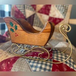 Vintage Wooden Holiday Sleigh with Brass Accents